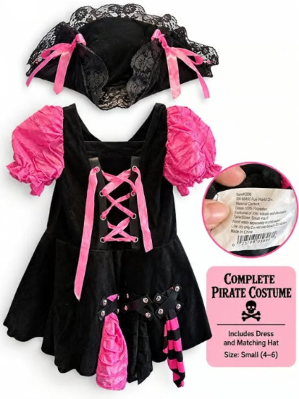 Girls’ Black & Pink Pirate Costume Dress with Matching Hat – Small 4–6